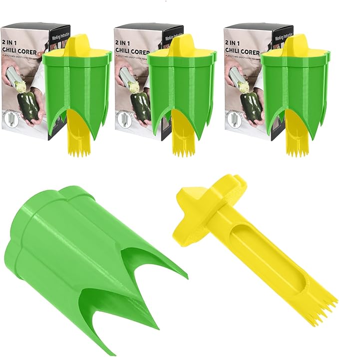 Pepper Corer, 2 in 1 Red Bell Pepper Seed Corer Remover Tool, Fruit & Vegetable Corers Quick Cave Tools for Jalapeno Cutter Deseeder, Yellow Green, 3 PCS