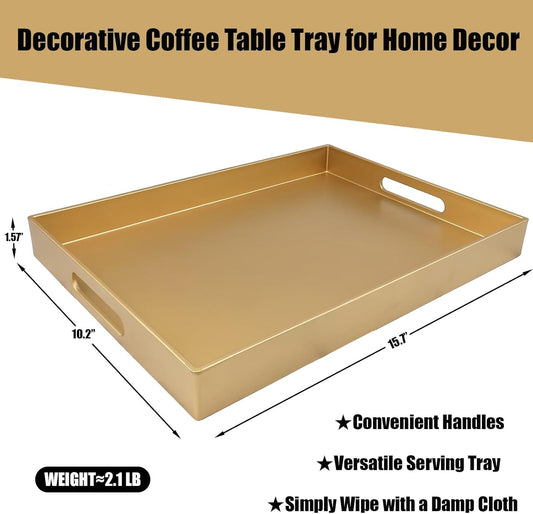 Gold Serving Tray for Coffee Table, Rectangular Plastic Decorative Tray with Handles for Entertaining, Outdoor Patio, Living Room, Ottoman, Bathroom Counter, 11.8”*15.7”*1.6”