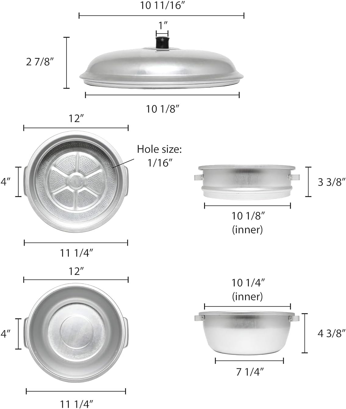 TrueCraftware- 11 3/8" x 12 1/2" Aluminum 3 Tier Steamer Set 1/8” hole size- Steamer for Cooking Pot Food Steam Pots with Lid for Cooking Vegetables Seafood Soups Stews and Pasta