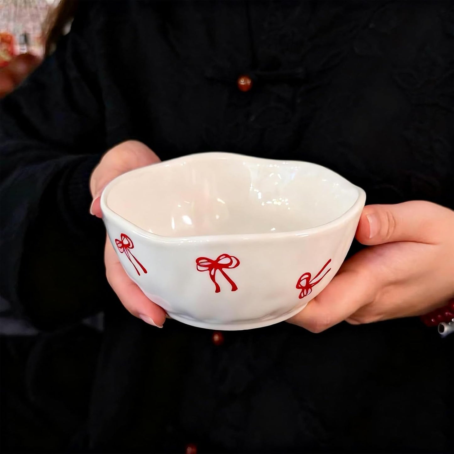 Koythin Ceramic Cereal Bowl, Cute Flowers Pattern Kitchen Bowls for Cereal, Salad, Pasta, Soup, Dessert, Serving, Home Decor, Microwave and Dishwasher Safe (Double Line Bow)