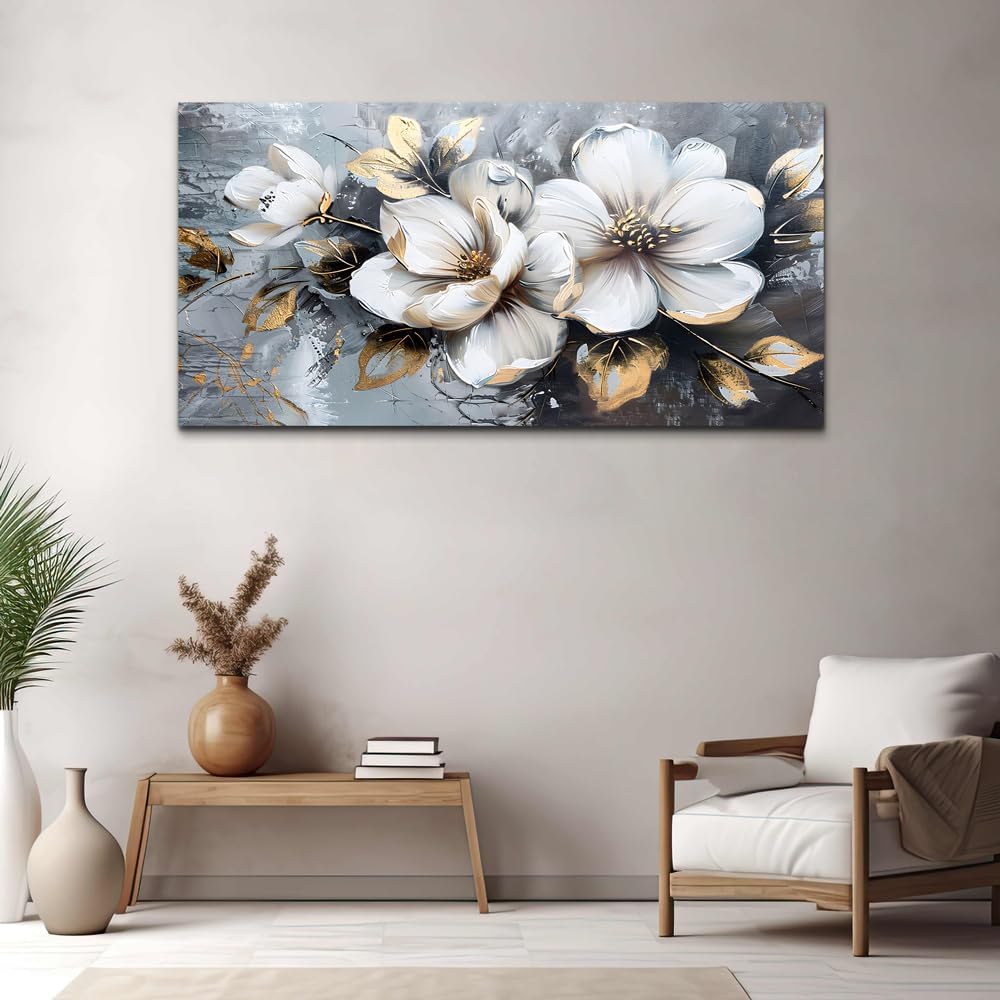 KELIYUAN Large Canvas Wall Art For Bedroom Wall Decor For Living Room Office Decorations Abstract White Flowers Paintings Pictures Artwork Modern Framed Posters Home Decor Ready To Hang 24"x48"