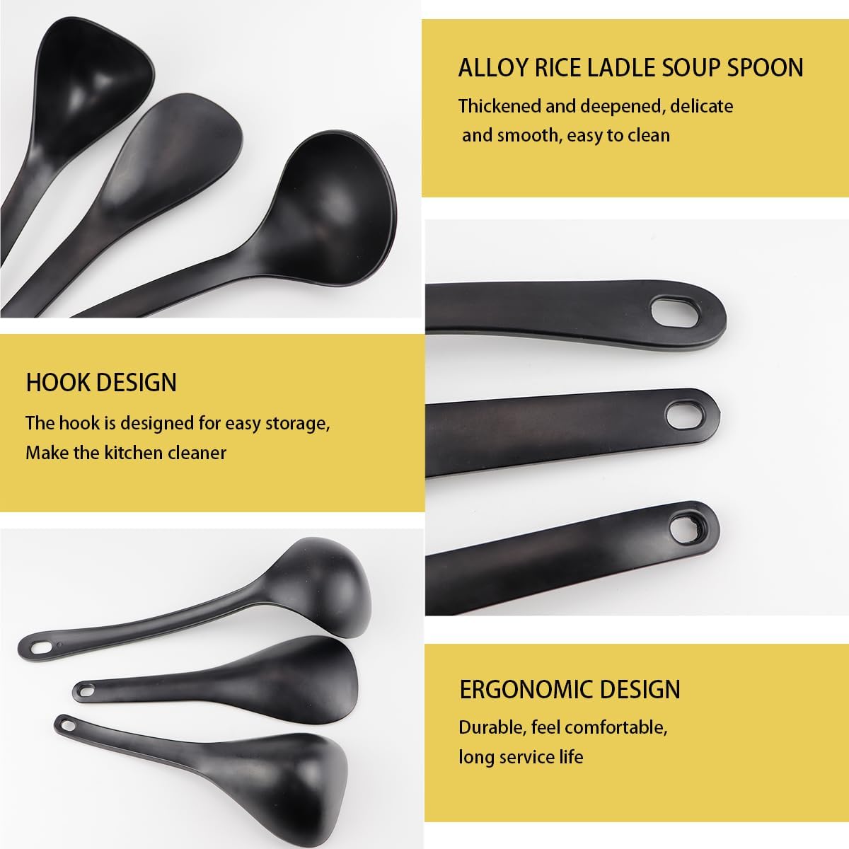 DOERDO 3Pcs Rice Paddle Spoon Soup Spoon Non Stick Rice Scooper Cooking spoon for Rice Soup Potato, Black