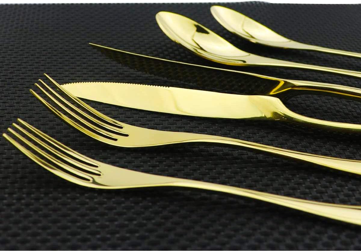 Golden Flatware Set 18/10 Stainless Steel Mirror Polished Gold Cutlery - Silverware Utensil Set of Steak Knife Dinner Fork Knife Spoon Salad Fork Dessert Spoon,24 Piece Service for 4