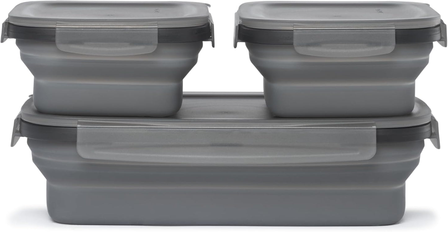 Drip EZ Secondz Collapsible Food Storage Containers (set of 3) - Meal Prep, Leftovers, Lunch, Camping, Hiking - Dishwasher & Microwave Safe - BPA-free Silicone - Locking Lids - Charcoal