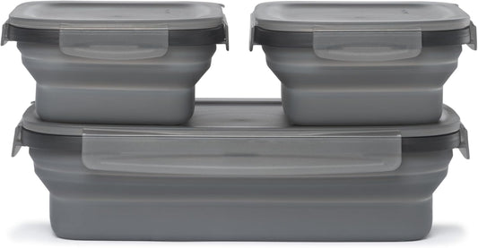 Drip EZ Secondz Collapsible Food Storage Containers (set of 3) - Meal Prep, Leftovers, Lunch, Camping, Hiking - Dishwasher & Microwave Safe - BPA-free Silicone - Locking Lids - Charcoal