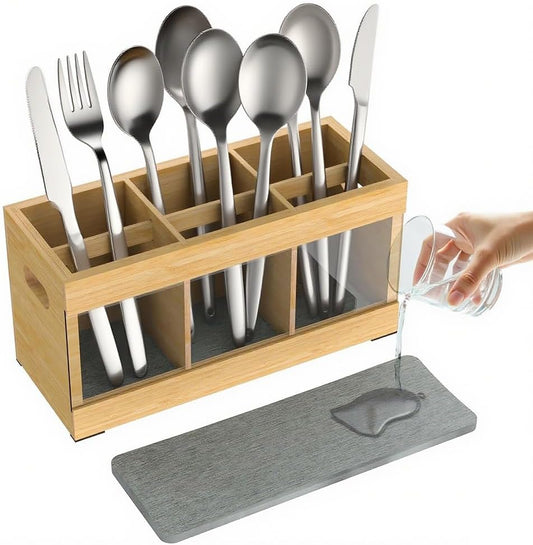 Utensil Holder for Kitchen Counter,Large Utensil Holder with Absorbing Drying Stone Mat,Bamboo Utensil Organizer with 6 Compartments,Silverware Caddy&Cooking Utensil Organizer for Kitchen Decor