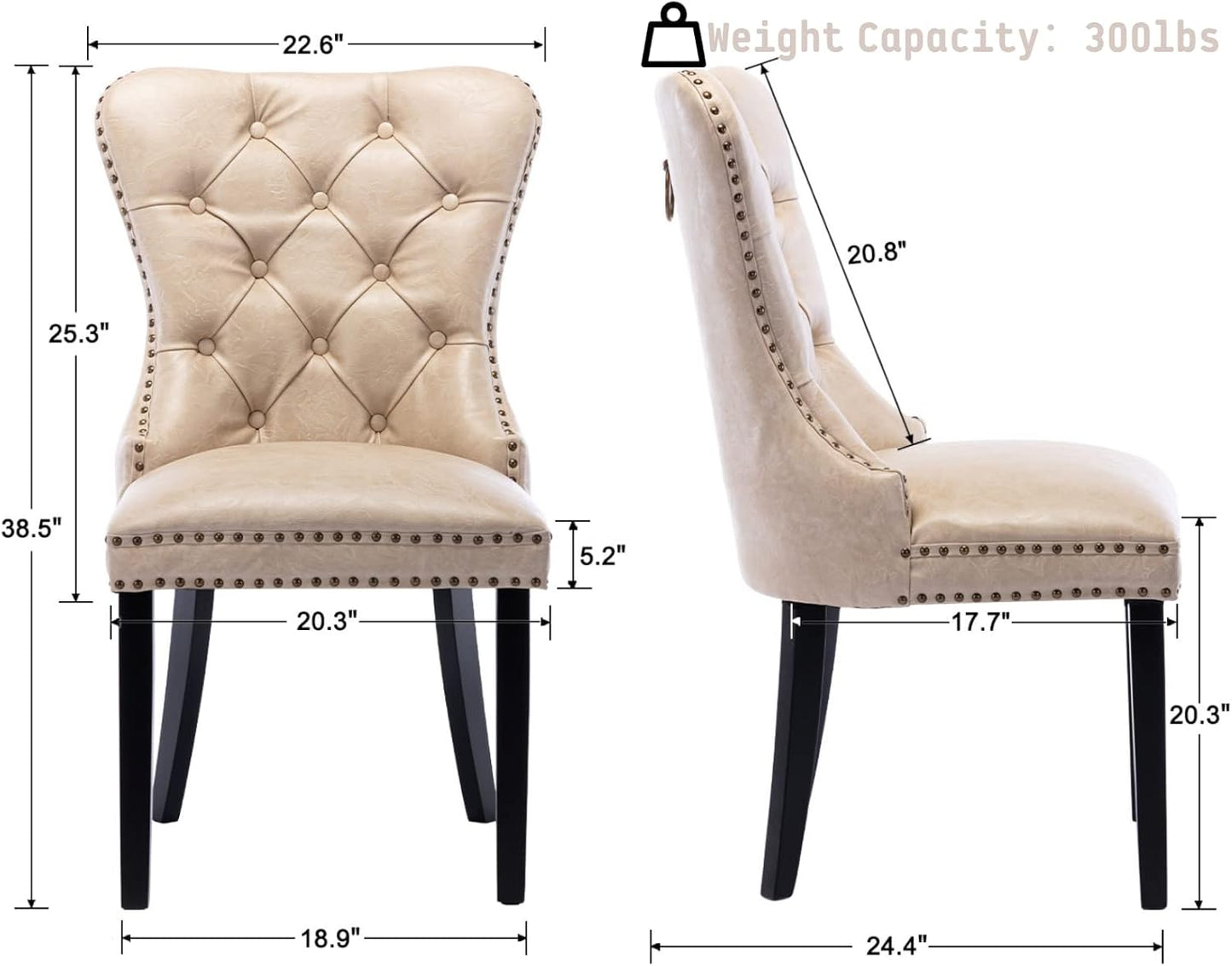 Beige Leather Dining Chairs Set of 6 Mid Century Modern Tufted Chairs Armless Rubber Wood Vintage Chairs Upholstered Nailhead PU Side Chair with Pull Ring for Kitchen/Cafe Decor Furniture