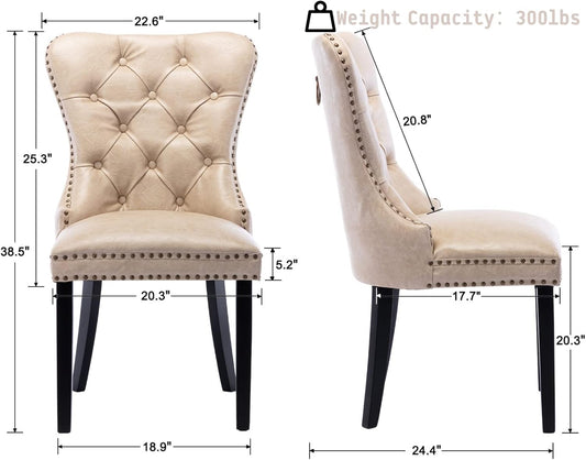 Beige Leather Dining Chairs Set of 4 Mid Century Modern Tufted Chairs Armless Rubber Wood Vintage Chairs Upholstered Nailhead PU Side Chair with Pull Ring for Kitchen/Cafe Decor Furniture