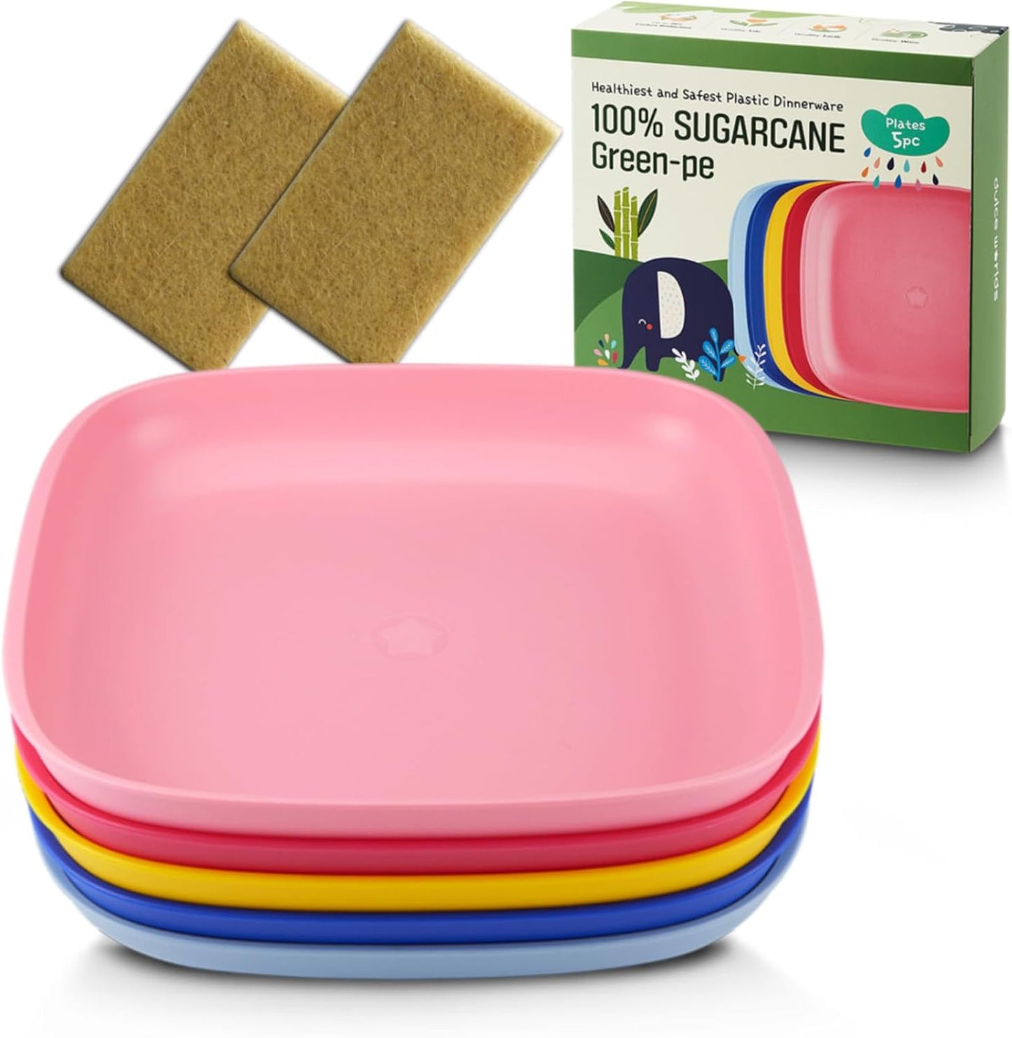 SUGARCANE Kids Plates 5Pack (7.9”) + Coconut Pad 2Pc- Organic Dishes for Toddler to Big Kids - USDA Certified – Microwaves & Dishwasher Safe – BPA Free, Unbreakable, Reusable - Multi