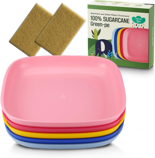 SUGARCANE Kids Plates 5Pack (7.9”) + Coconut Pad 2Pc- Organic Dishes for Toddler to Big Kids - USDA Certified – Microwaves & Dishwasher Safe – BPA Free, Unbreakable, Reusable - Multi