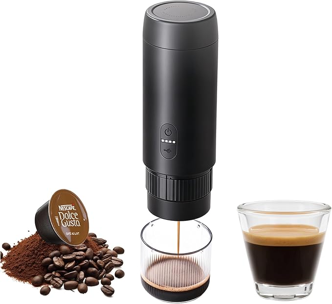 Portable Espresso Maker, 20Bar Pressure & Up to 60 Cups per Charge, Battery Operated Portable Coffee Maker, Works with Ground Coffee & Capsules, for Camping, Car, Travel, and Office Use.