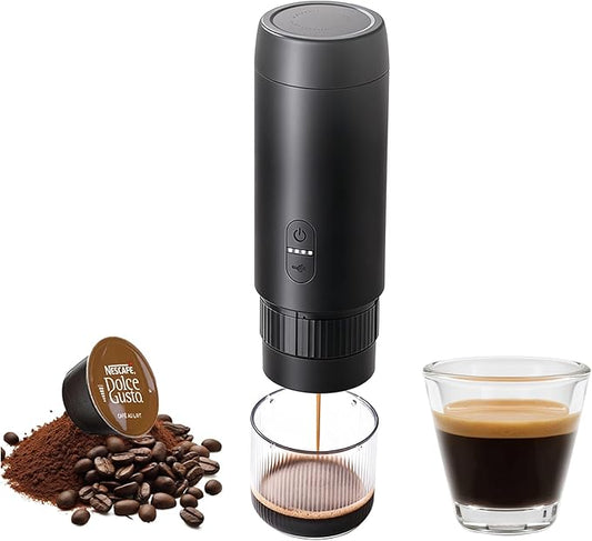 Portable Espresso Maker, 20Bar Pressure & Up to 60 Cups per Charge, Battery Operated Portable Coffee Maker, Works with Ground Coffee & Capsules, for Camping, Car, Travel, and Office Use.