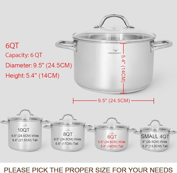 HOMICHEF Stock Pot 6 Quart Nickel Free Stainless Steel - 6 Qt Soup Pot With Lid and Handle - Small Cooking Pot 6 Quart - Ideal for Soup, Sauce, and Induction Cooking