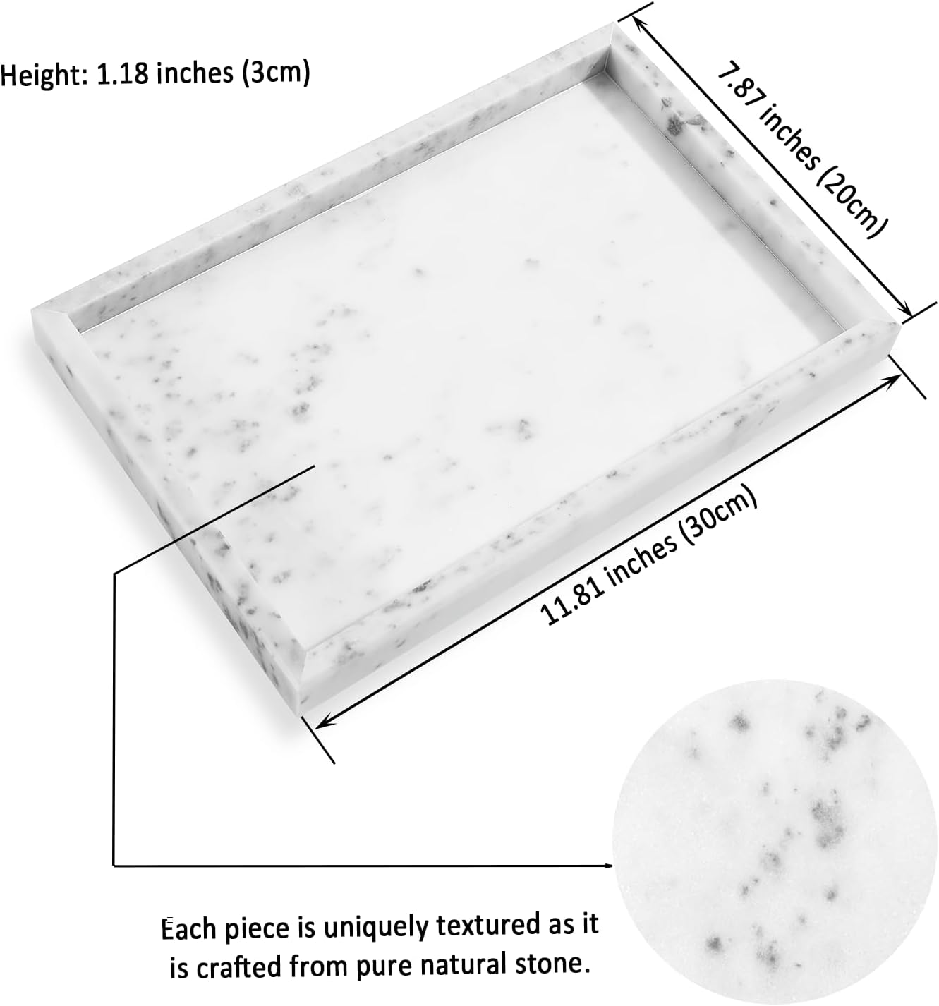 Yew & Tulip Natural Marble Vanity Tray, Nature White Marble with Spots Serving Tray for Bathroom, Kitchen, Vanity, Home Decor, Wedding etc. (12" x 8" x 1.2")