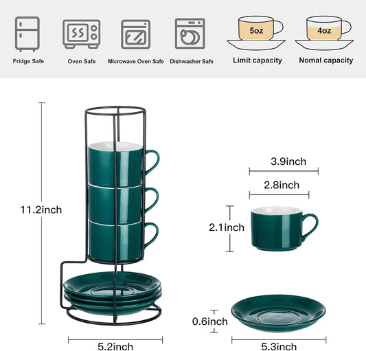 4oz Porcelain Stackable Espresso Cups with Saucers and Metal Stand Set of 4, Stackable Cappuccino Cups, Green Expresso Shots Cup Set for Coffee Drinks, Latte, Americano, Tea