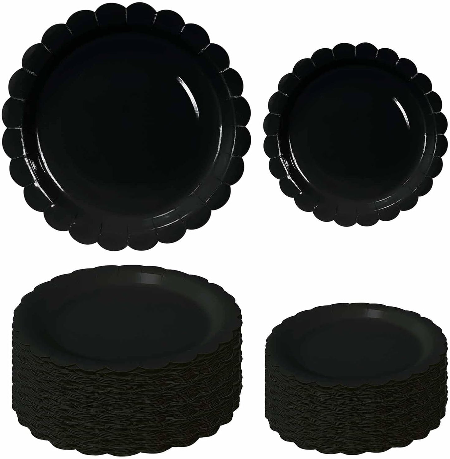 50 Pcs Black Scalloped Paper Plates 25 × 7'' and 25 × 9'' Disposable Black Scalloped Dinner Plates for Wedding Baby Shower Birthday Party Disposable Dessert Plate