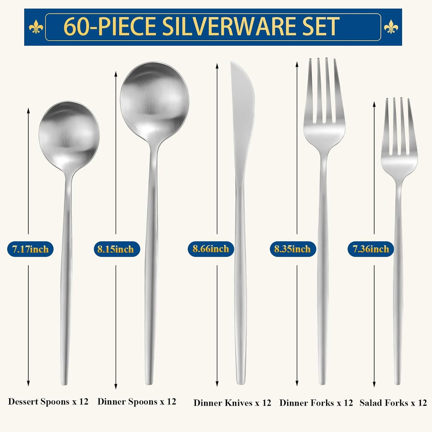 Silverware Set for 12, 60 Piece Flatware Set, Cutlery Tableware set Include Spoons And Forks Set, Stainless Steel Utensil Set, Matte polished Finish, Dishwasher Safe