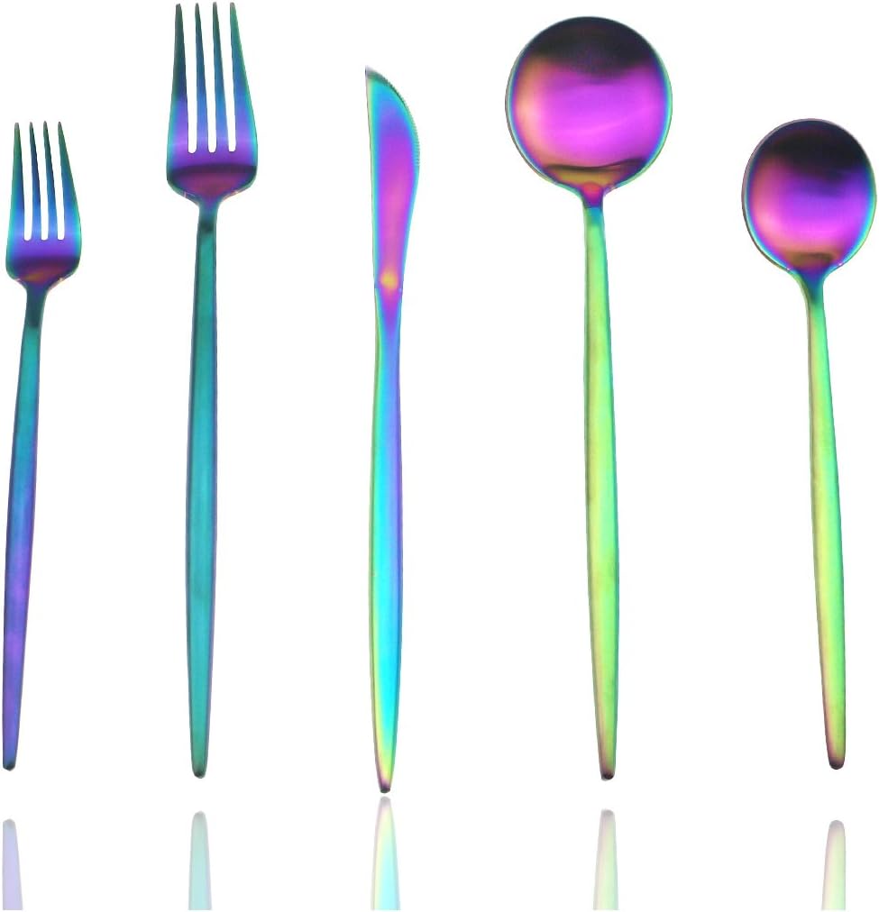 JASHII 18/10 Stainless Steel 5-Piece Matte Rainbow colorful Flatware Set,Dinner Knife Fork Salad Fork Dessert Spoon, Service for 1, Luxury Silverware Cutlery Utensil Sets
