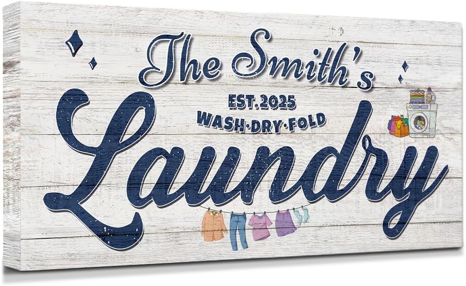 IPIC - Personalized Laundry Room Sign, Custom Canvas Wall Art with Family Name, Rustic Home Decor Printed Acid-Free Cotton Canvas for Business and Home, Made in USA and Ready to hang for Laundry Decor