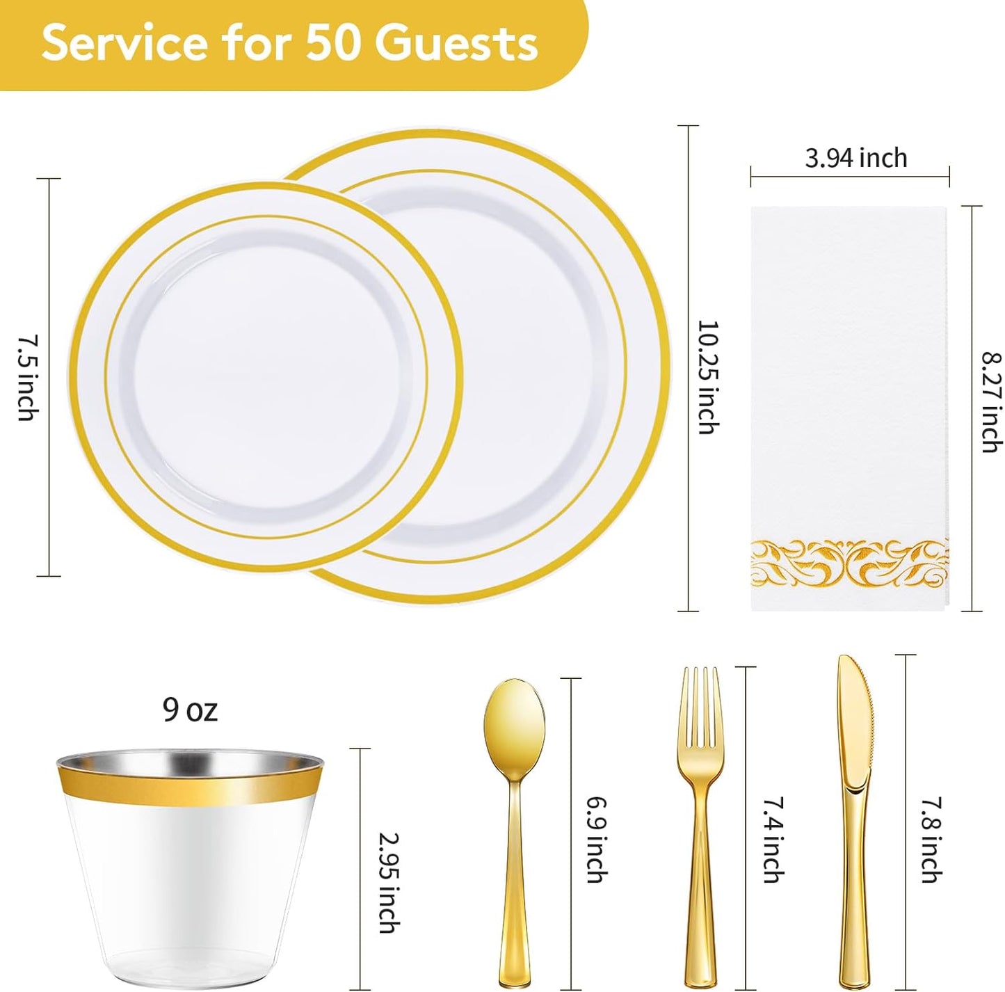 Goodluck 350 Piece Gold Dinnerware Set for 50 Guests, Plastic Plates Disposable for Party, Include: 50 Gold Rim Dinner Plates, 50 Dessert Plates, 50 Paper Napkins, 50 Cups, 50 Gold Silverware Set