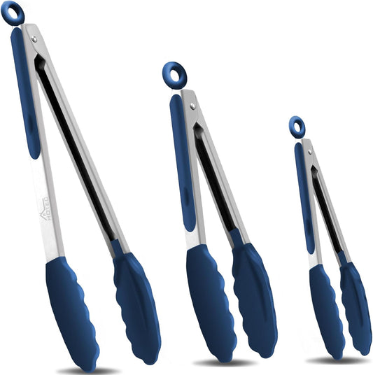 HOTEC Premium Stainless Steel Locking Kitchen Tongs with Silicon Tips, Set of 3-7", 9" and 12" (Classic Blue)