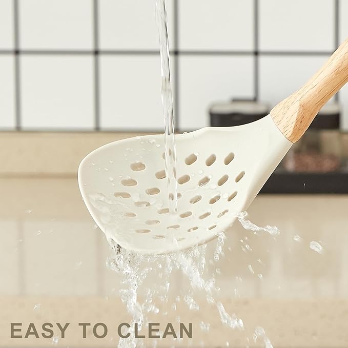 Kitchen Utensils Set - 7 PCS Non-Stick Silicone Cooking Utensils Set with Wooden Handle,Kitchen Gadgets Tools Set for Nonstick Cookware (Cream White-7Max)