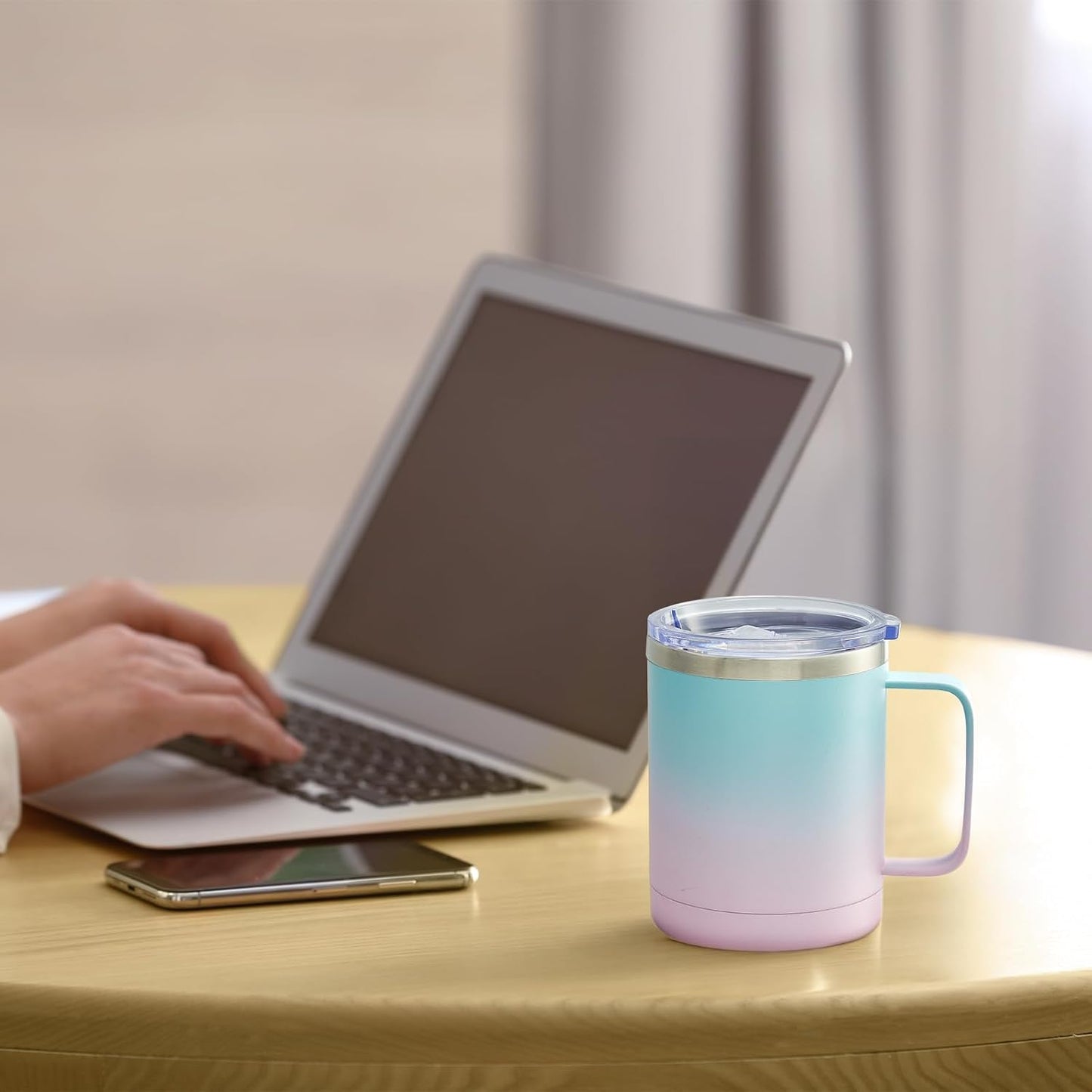 MEWAY 12oz Coffee Mug With Handle and Sliding Lid,Stainless Steel Travel Tumbler Cup with Handle,Double Wall Vacuum Insulated Camping Cup for Hot & Cold Drinks Tea (Bubble Gum,Set of 1)