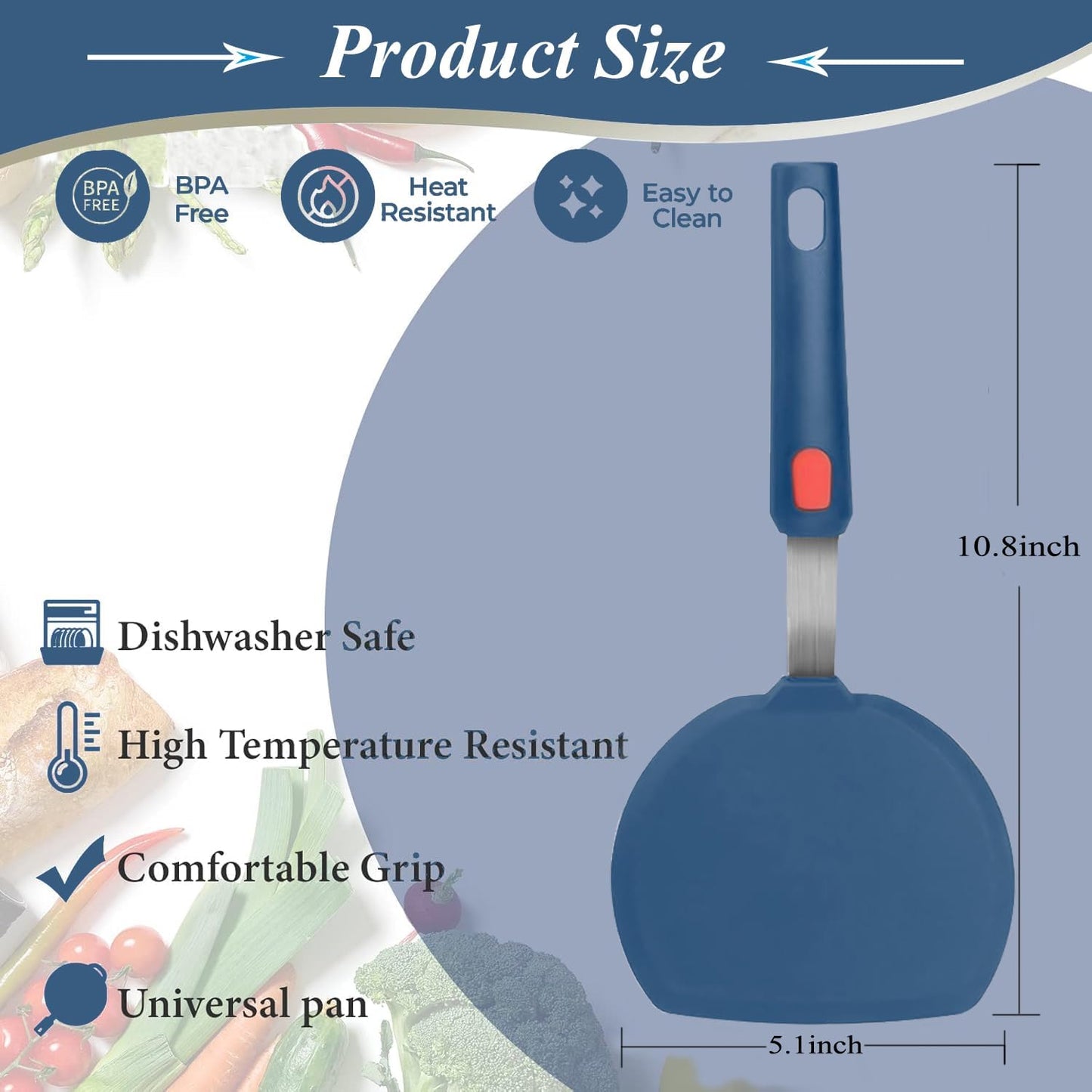 Silicone Spatula, Heat Resistant Kitchen Utensils for Non-Stick Cookware, Wide Slotted Pancake Spatulas Turner with Seamless Thin Edges for Egg, Omelette, Fish Slice (Half-Round Spatula)