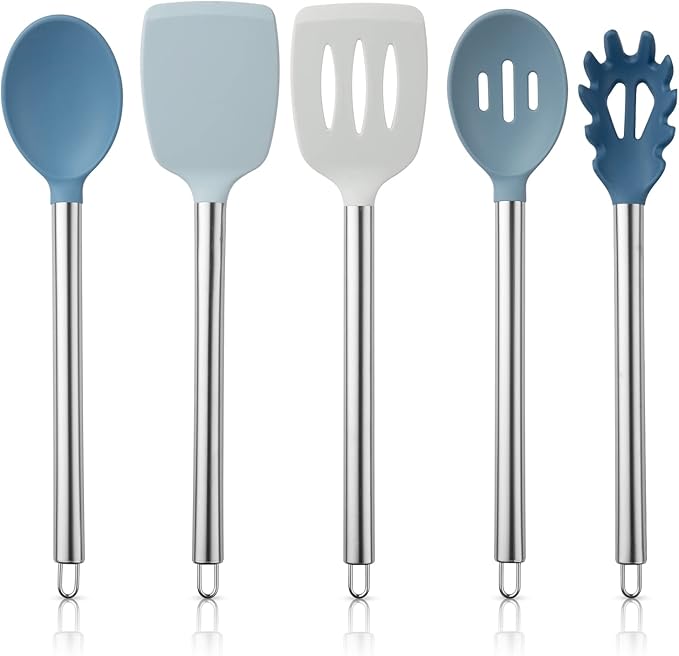COOK WITH COLOR Silicone Cooking Utensils, Kitchen Utensil Set, Easy to Clean Silicone Kitchen Utensils, Cooking Utensils for Nonstick Cookware, Kitchen Gadgets Set, 5 Pieces, Blue and White