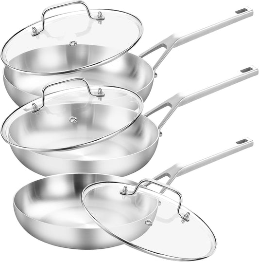 3 Ply Stainless Steel Pan Set, 8" 10" 12", Fast & Even Heating, Up to 650F, Oven & Dishwasher Safe, Compatible with All Cooktops
