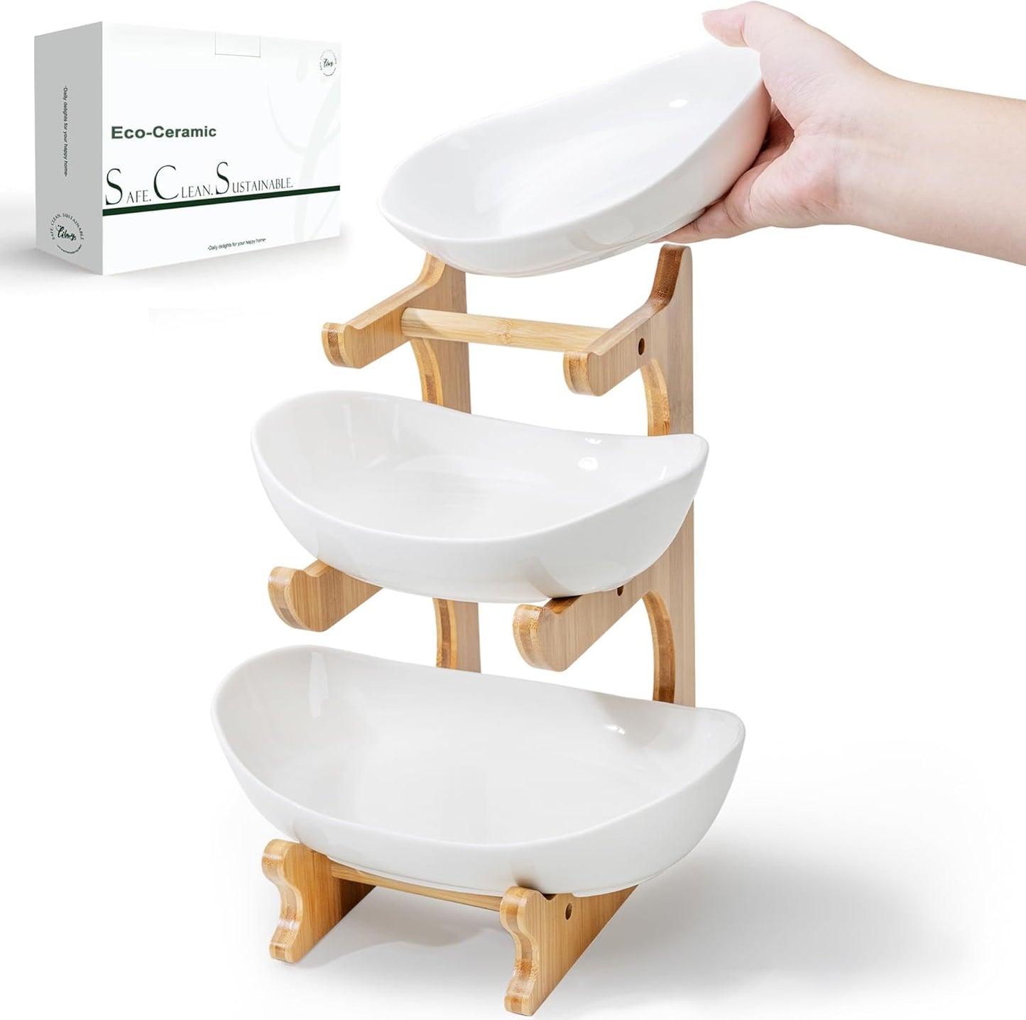 SEVEN SPARTA Fruit Bowl for Kitchen Counter - 3 Tier Ceramic Serving Bowls with Bamboo Stand, Tiered Fruit Basket for Fruit Vegetable Storage, Cake, Dessert, Nuts, Snack, Salad (Dishwasher safe)