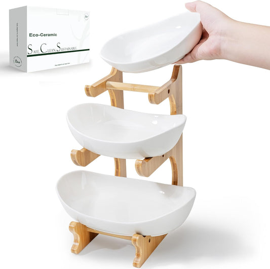 SEVEN SPARTA Fruit Bowl for Kitchen Counter - 3 Tier Ceramic Serving Bowls with Bamboo Stand, Tiered Fruit Basket for Fruit Vegetable Storage, Cake, Dessert, Nuts, Snack, Salad (Dishwasher safe)