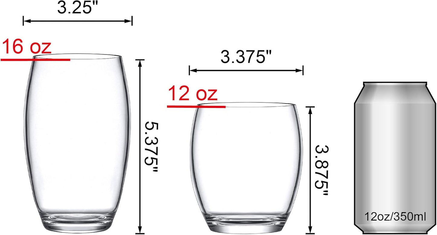 Amazing Abby - Fraternity - 12-Ounce and 16-Ounce Plastic Tumblers (Set of 8), Plastic Drinking Glasses, All-Clear Reusable Acrylic Cups, BPA-Free, Shatter-Proof, Dishwasher-Safe