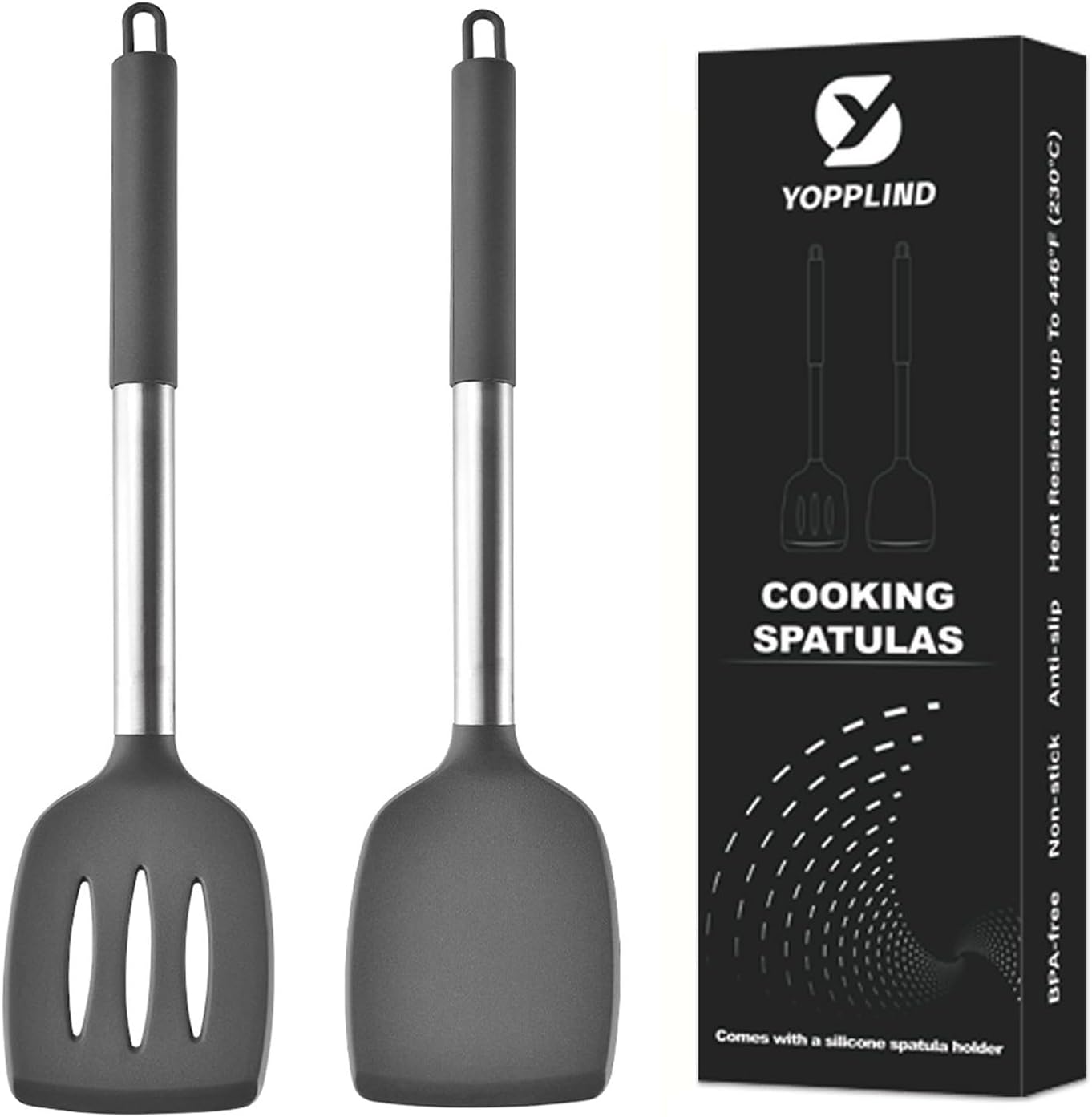 3Piece Silicone Spatula Set, Heat-Resistant, Non-Stick Kitchen Spatulas, BPA-Free, for Eggs, Pancakes, Fish, Woks, Includes Multifunctional shelf spoon pad (gray)