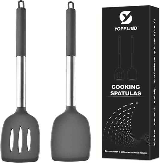 3Piece Silicone Spatula Set, Heat-Resistant, Non-Stick Kitchen Spatulas, BPA-Free, for Eggs, Pancakes, Fish, Woks, Includes Multifunctional shelf spoon pad (gray)