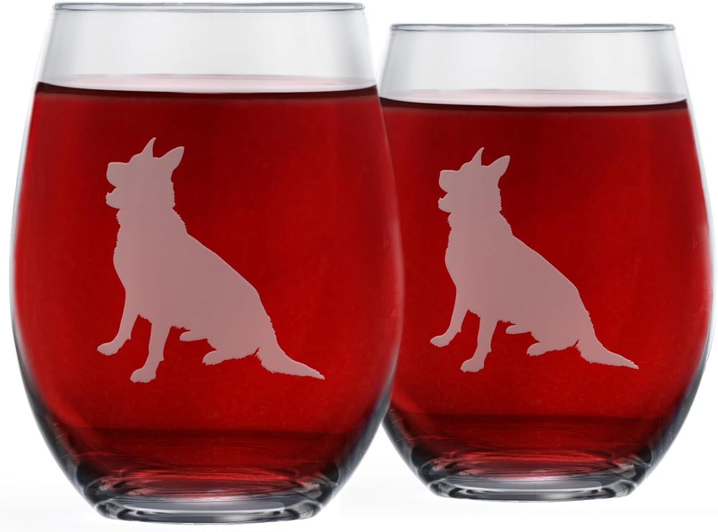 German Shepherd Stemless Wine Glasses (Set of 2) | Unique Gift for Dog Lovers | Hand Etched with Breed Name on Bottom