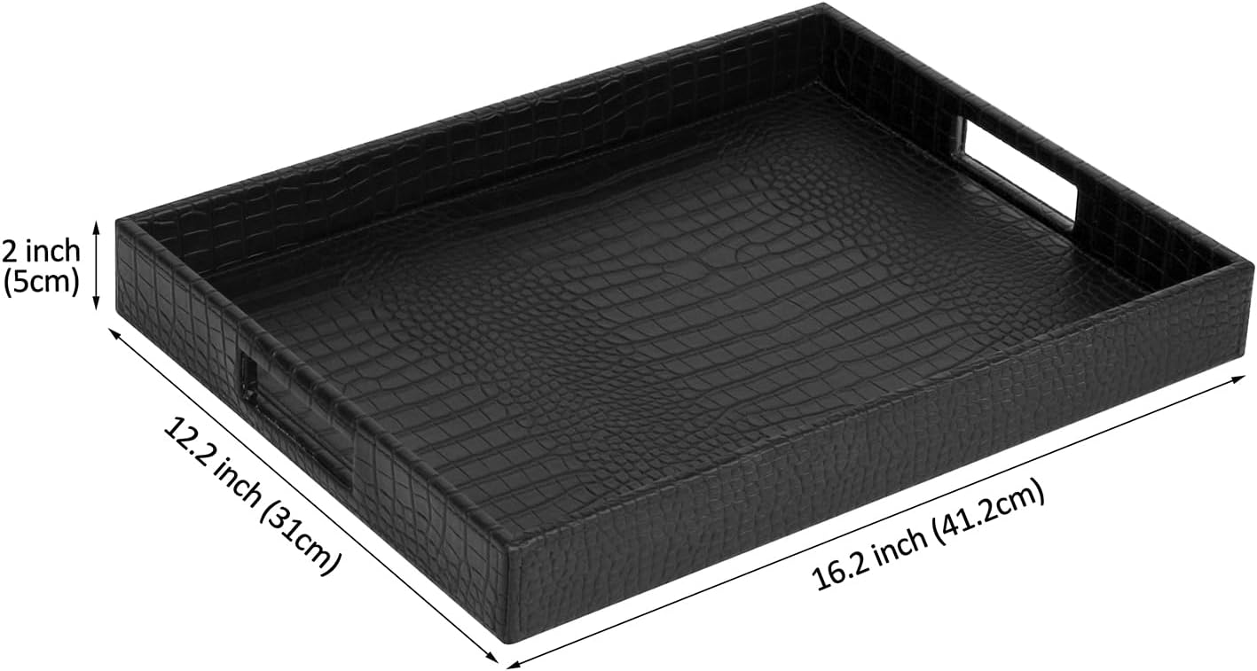 HofferRuffer Rectangle Serving Tray with Hole Handles for Coffee Table, Breakfast, Tea, Food, Butler - Countertop, Kitchen, Vanity Serve Tray, 16.2 x 12.2 x 2 inches, Faux Leather (Black Croco)