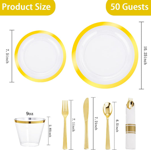 Rubtlamp 350 Pcs Clear Gold Plastic Plates, Disposable Dinnerware, Clear-Gold Plates Set Include 50 Dinner Platos 50 Dessert Platos, 50 Cups, 50 Pre Rolled Napkins with Cutlery Set for Party