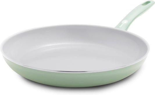 GreenPan Dover 12” Frying Pan Skillet, Non-Toxic PFAS-Free Ceramic Nonstick Coating, Sear Saute Fry Egg Omlete, Dishwasher & Oven Safe, Stay Cool Handle, Easy Pour Rims, Pastel Green
