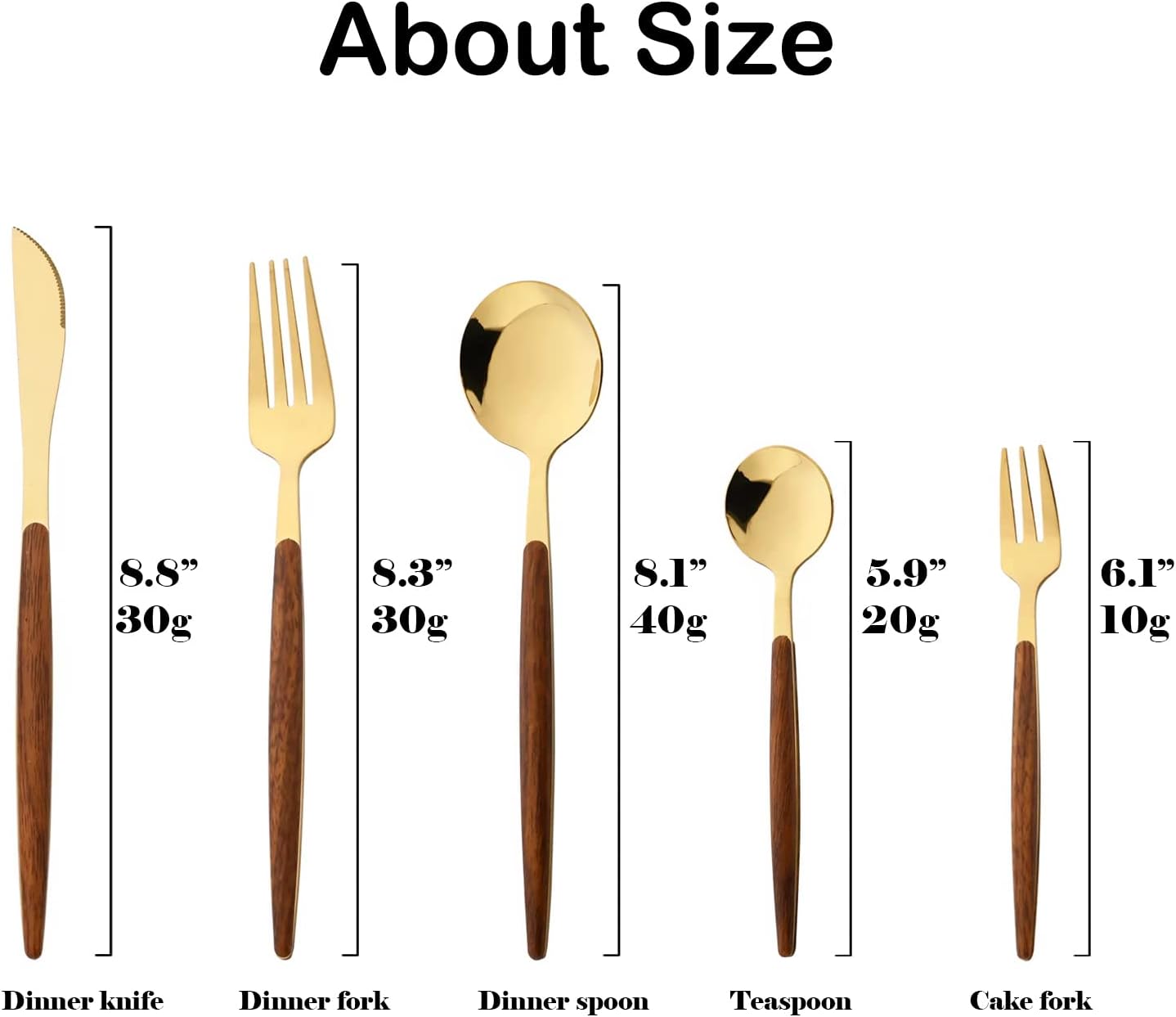 JASHII Wood Handle Flatware Set, 20 Pieces Stainless Steel Silverware Cutlery Set, Mirror Polished, Knife Fork Spoon Set, Dishwasher Safe - Pointed Head Gold