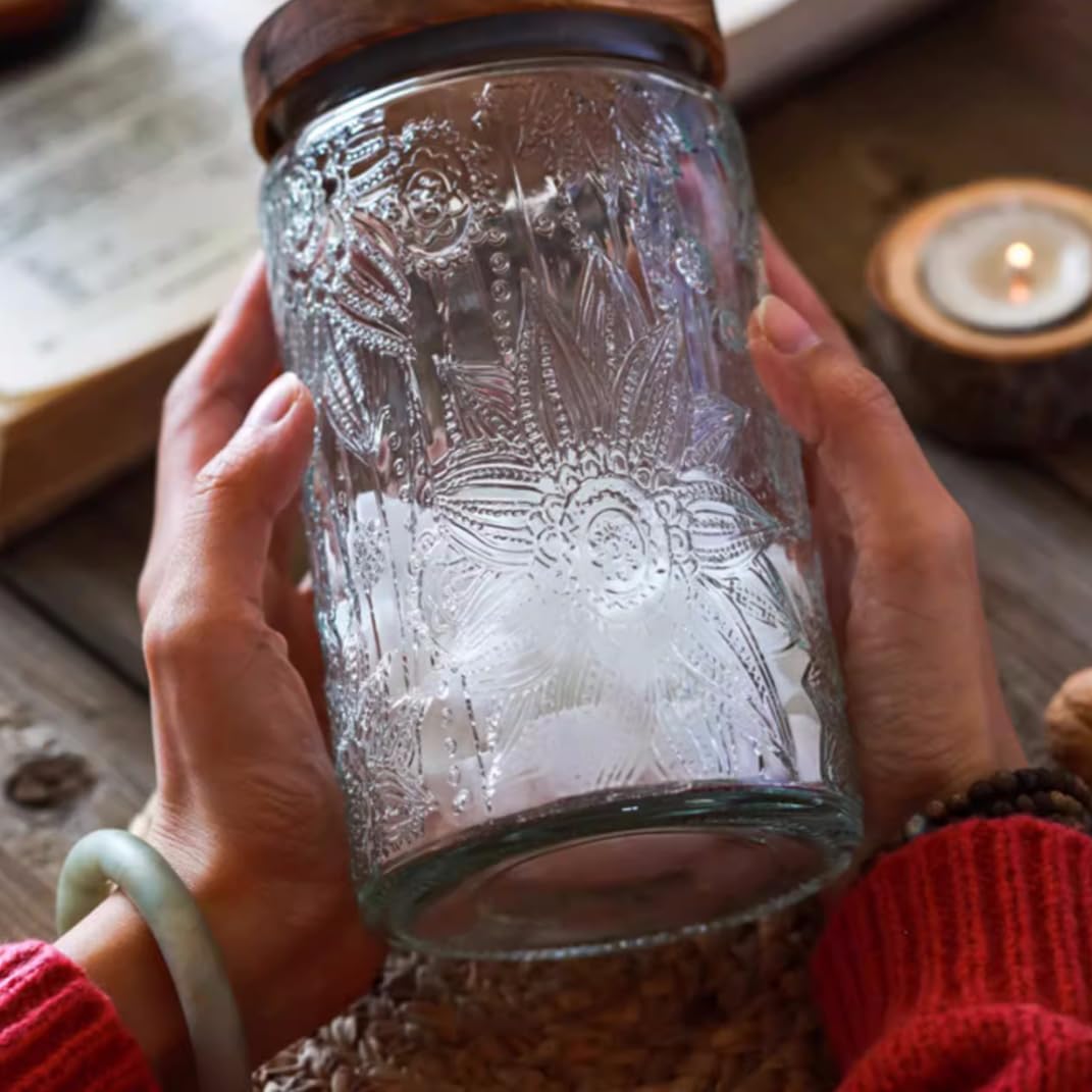 Vintage Glass Jar, 34 FL OZ Food Storage Jar, Glass Jar with Lid, Decorative Jar for Home Kitchen Coffee, Tea, Candy, Sugar Jar (Round Sunflower)