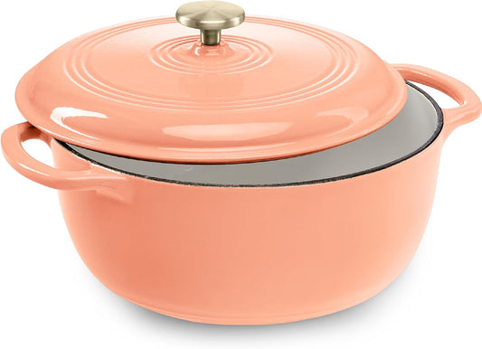 Best Choice Products 7.5 Quart Enamel Cast-Iron Round Dutch Oven, Family Style Heavy-Duty Pre-Seasoned Cookware for Home, Kitchen, Dining Room, Oven Safe w/Lid, Dual Handles - Peach Sorbet