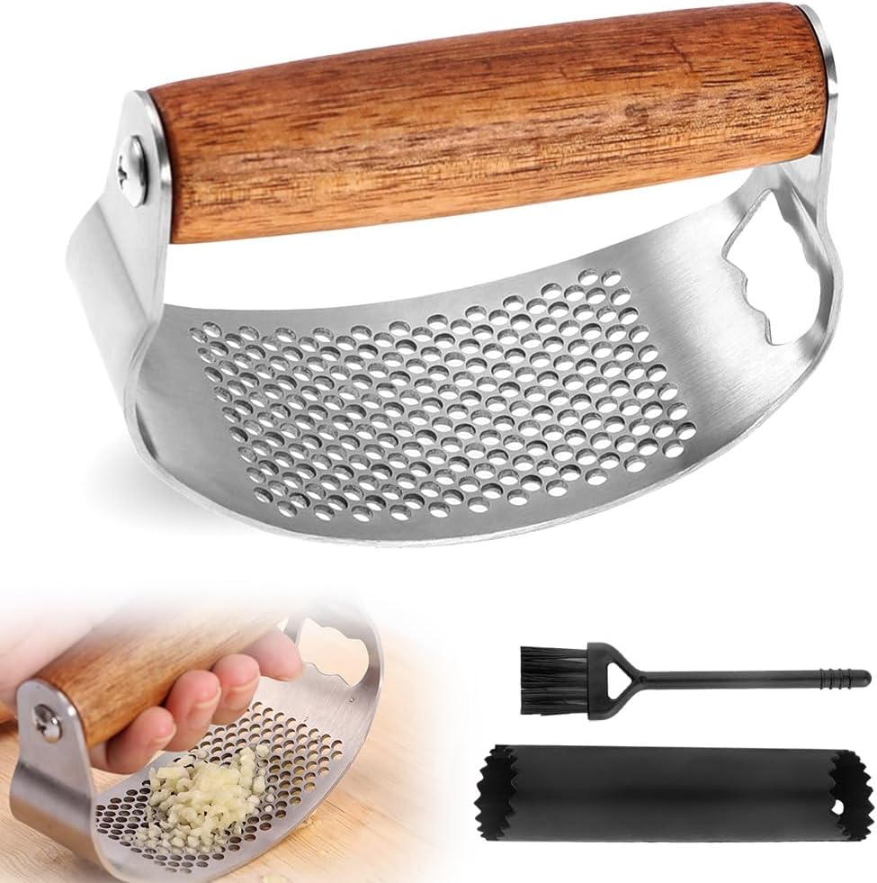 Stainless Steel Garlic Presser, Upgraded Garlic Press Rocker with Peeler and Cleaning Brush, Ergonomic Handle for Cooking Enthusiasts (1 pcs)