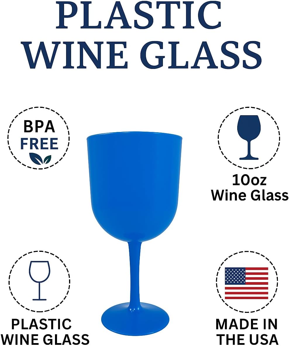 Party Outlaw Plastic Wine Glasses 4 Pc 10oz, Classic Wine Drinking Glasses, BPA-Free, Lightweight, Heavy Duty, Reusable, Shatter - Proof, Dishwasher Safe, Made in USA (Blue)
