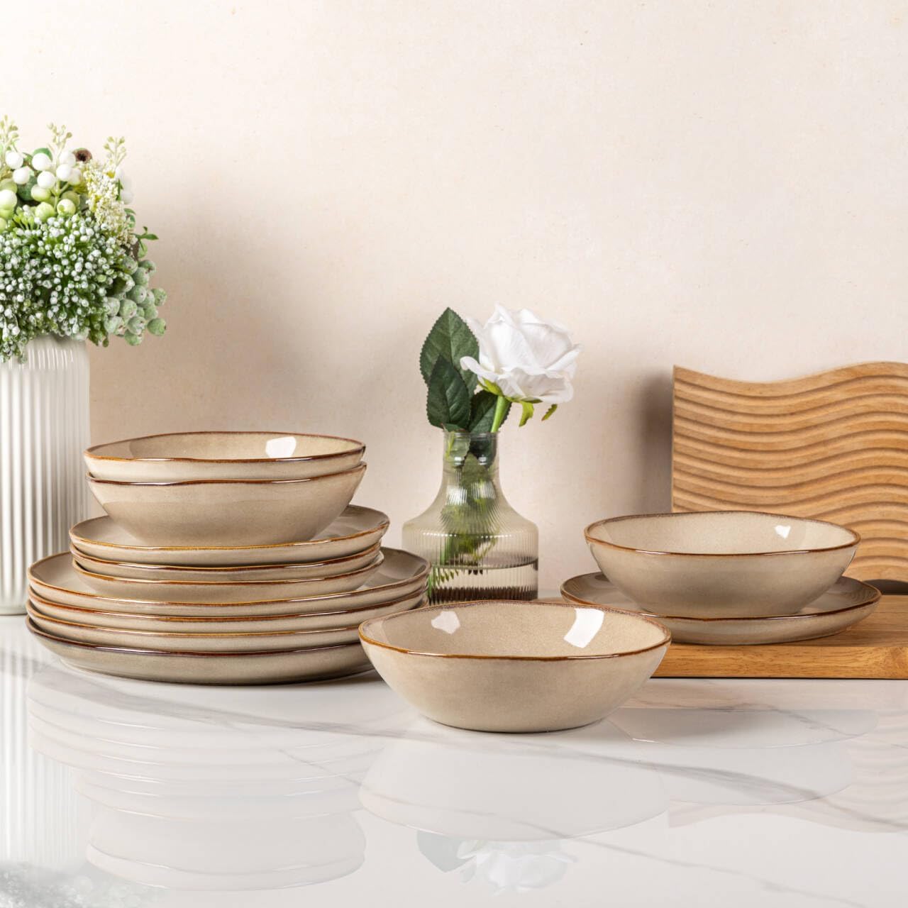 AmorArc Ceramic Dinnerware Sets,Handmade Reactive Glaze Stoneware Plates and Bowls Set,Highly Chip and Crack Resistant | Dishwasher & Microwave Safe Dishes Set,Service for 6 (18pc)