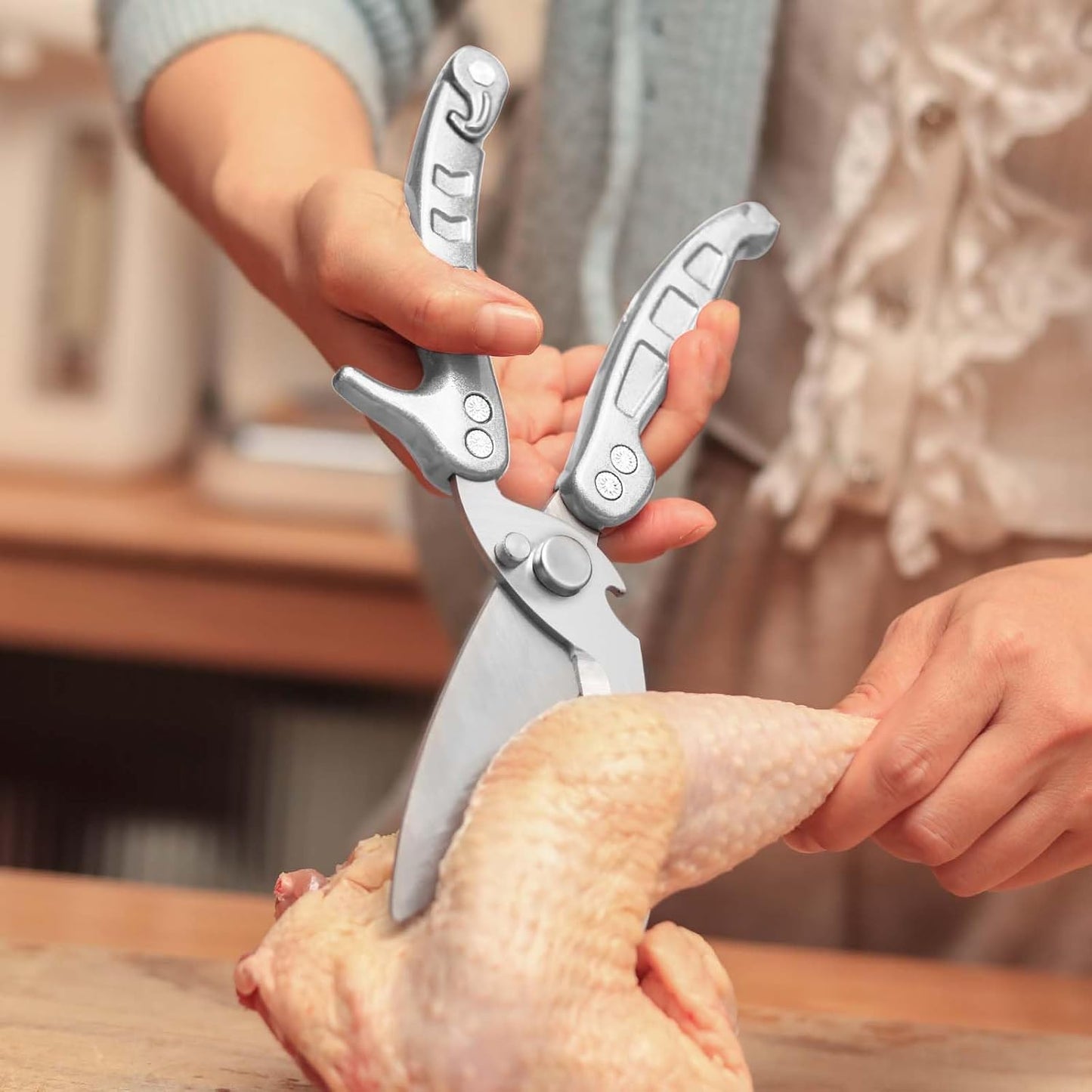 Heavy Duty Kitchen Shears, Detachable Poultry Shears with Serrated Edge, Spring-Loaded Stainless Steel Chef Scissors Cutting Bone, Chicken, Fish, Food, Meat, Silver Full Steel Handle