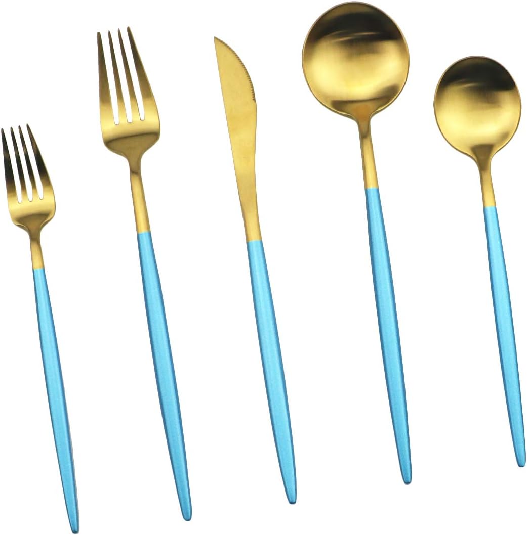 JASHII Silverware Sets, 20-Piece Flatware 18/10 Stainless Steel Heavy Weight Forged Cutlery Eating Utensils Forks Spoons Knives Set Tableware Service for 4 Matte Finished (Blue & Gold)