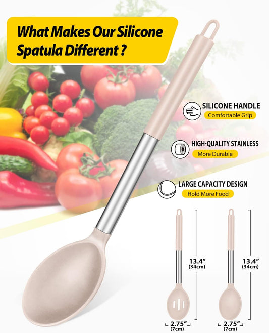 Pack of 2 Large Silicone Cooking Spoons,Non Stick Solid Basting Spoon,Heat-Resistant Kitchen Utensils for Mixing,Serving,Draining,Stirring (STAINLESS STEEL KHAKI)
