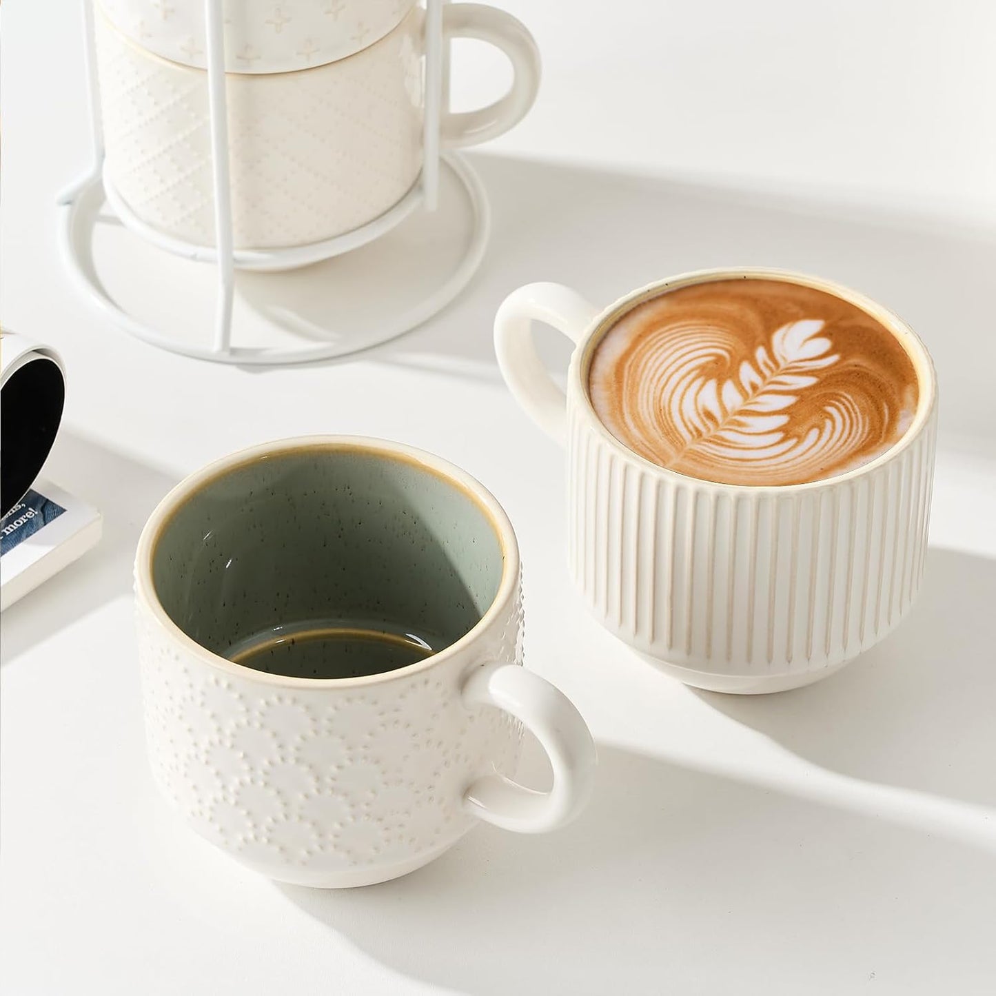JIEMEI HOME Large Ceramic Coffee Mug Set of 4 with Stand, 15 Oz Stackable Different Embossment Ribbed Latte Cup Set for Cappuccino, Tea, Hot Cocoa, Drinks - Dishwasher & Microwave Safe, White & Green