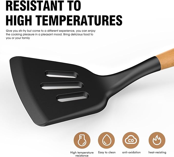 Silicone Cooking Utensils Set - Silicone Kitchen Utensils for Cooking Wooden Handles, 446°F Heat Resistant Kitchen Utensil Spatula Sets w Holder, Gadgets for Non-Stick Cookware BPA FREE (Black)